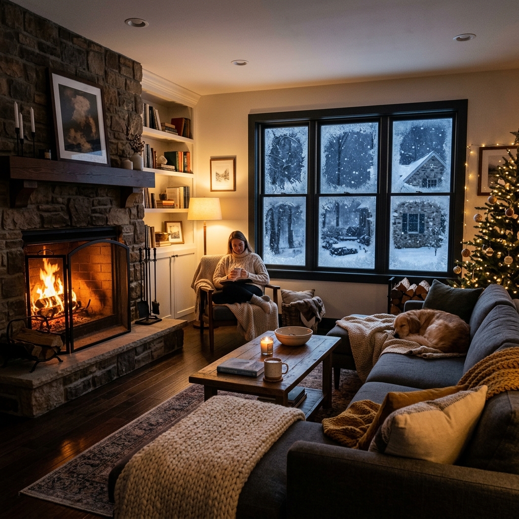 Cozy warm living room in winter